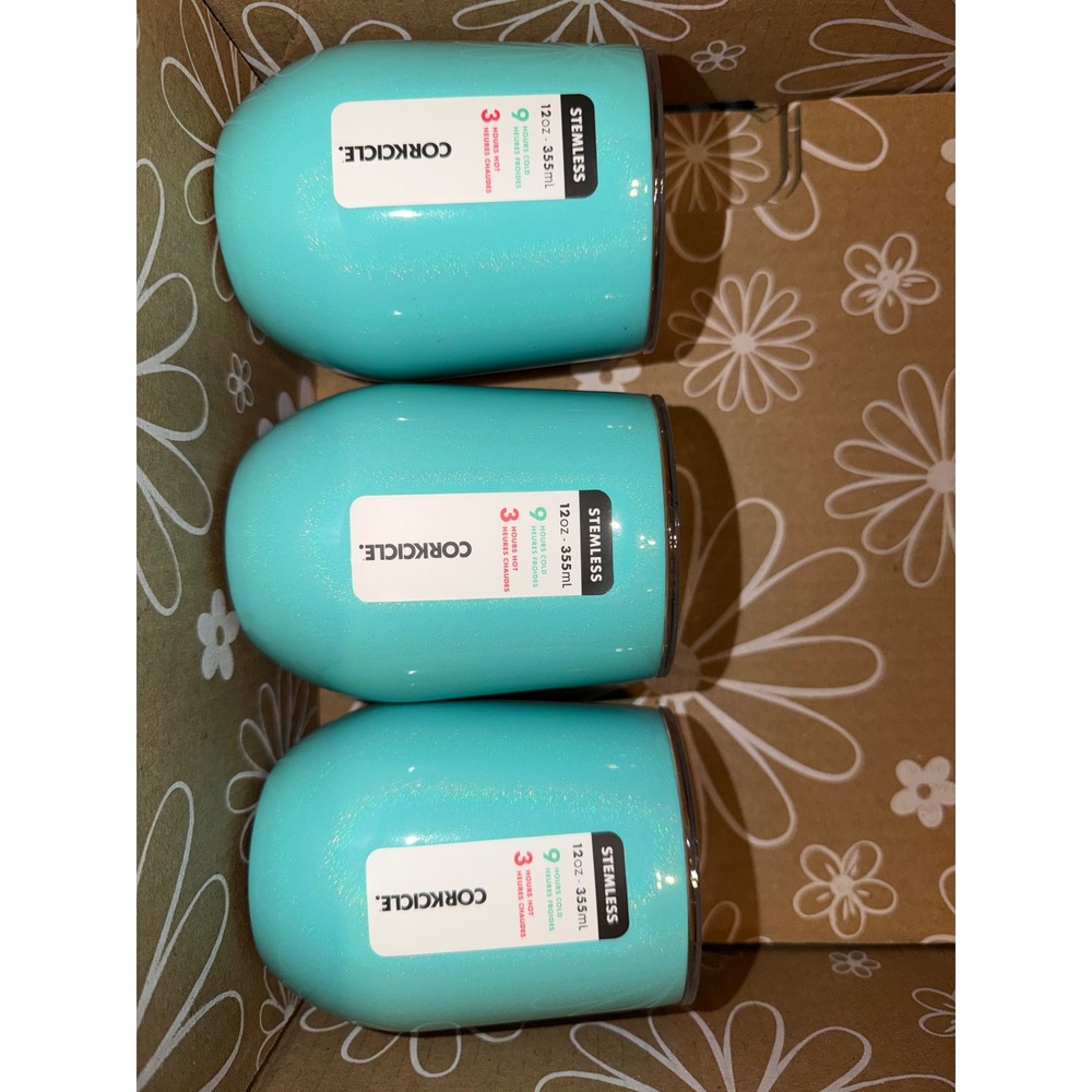 Corkcicle Stemless Tumbler 12oz Teal Insulated Stainless Steel Shimmer 3-Pack
